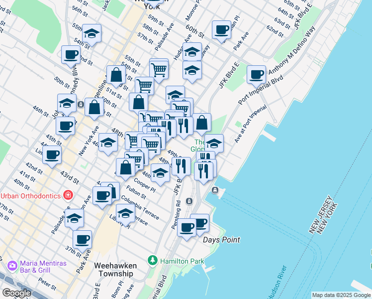 map of restaurants, bars, coffee shops, grocery stores, and more near 3 5 5oth Street in Weehawken