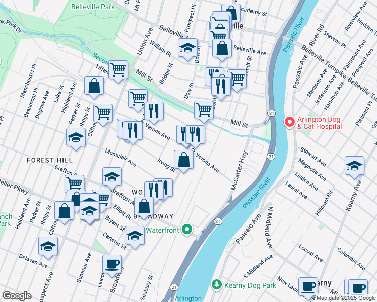 map of restaurants, bars, coffee shops, grocery stores, and more near 65 Verona Avenue in Newark