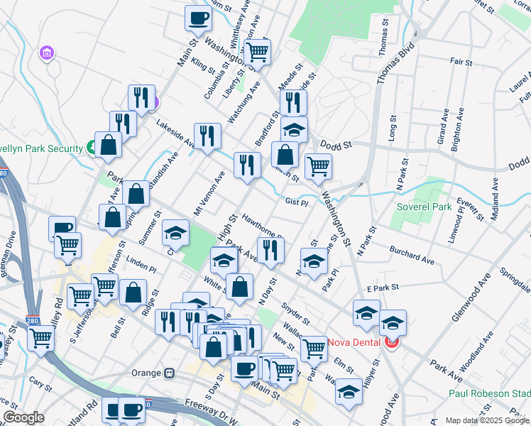 map of restaurants, bars, coffee shops, grocery stores, and more near 243 Cleveland Street in City of Orange