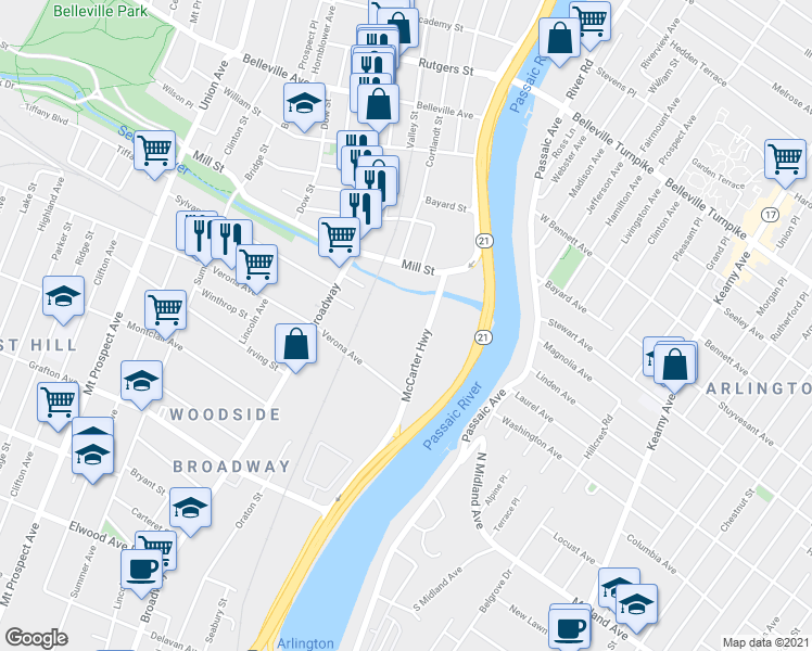 map of restaurants, bars, coffee shops, grocery stores, and more near 2121 McCarter Highway in Newark
