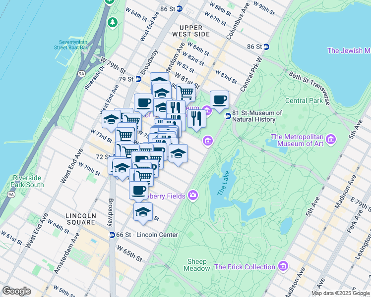 map of restaurants, bars, coffee shops, grocery stores, and more near 22 West 76th Street in New York