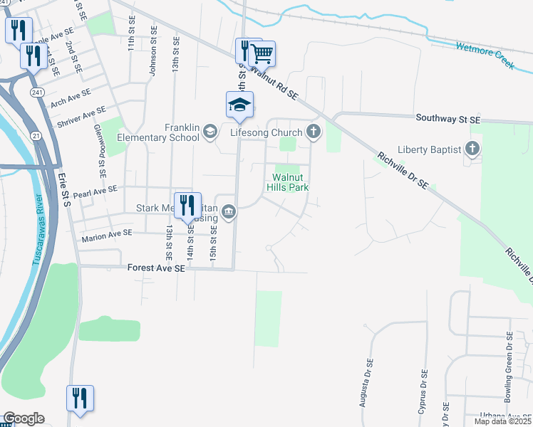 map of restaurants, bars, coffee shops, grocery stores, and more near 1723 Shawnee Avenue Southeast in Massillon