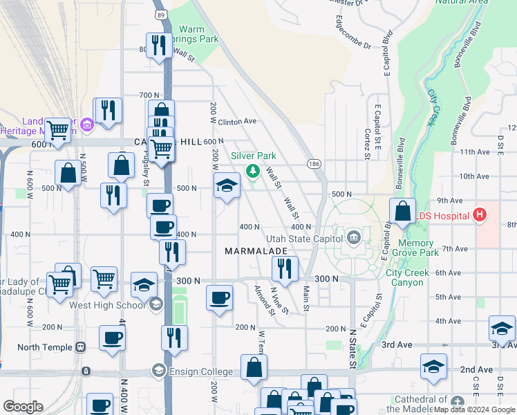 map of restaurants, bars, coffee shops, grocery stores, and more near 438 North Center Street in Salt Lake City