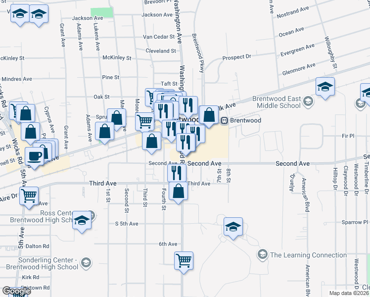 map of restaurants, bars, coffee shops, grocery stores, and more near 1820 Brentwood Road in Brentwood
