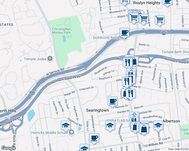 map of restaurants, bars, coffee shops, grocery stores, and more near 159 Stratford South in Roslyn Heights