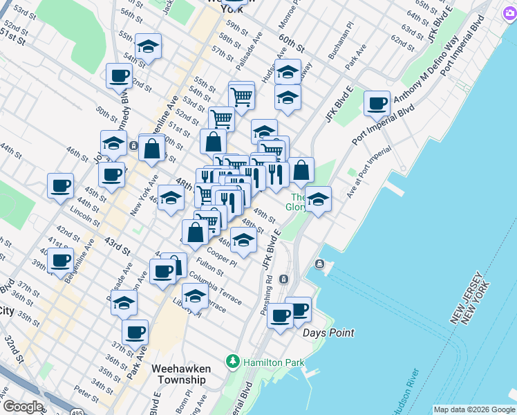 map of restaurants, bars, coffee shops, grocery stores, and more near 29 49th Street in Weehawken