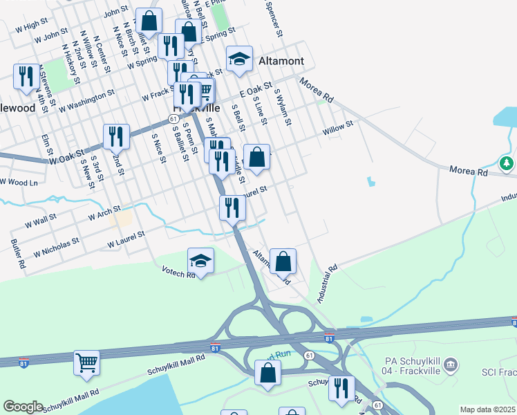 map of restaurants, bars, coffee shops, grocery stores, and more near 427 South Middle Street in Frackville