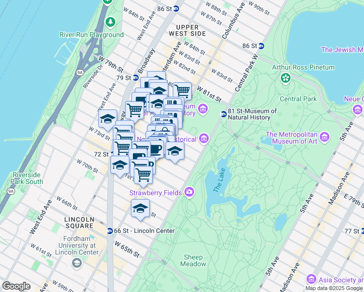 map of restaurants, bars, coffee shops, grocery stores, and more near 34 West 76th Street in New York