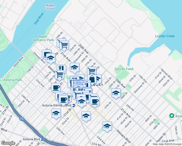 map of restaurants, bars, coffee shops, grocery stores, and more near 21-22 29th Street in Queens