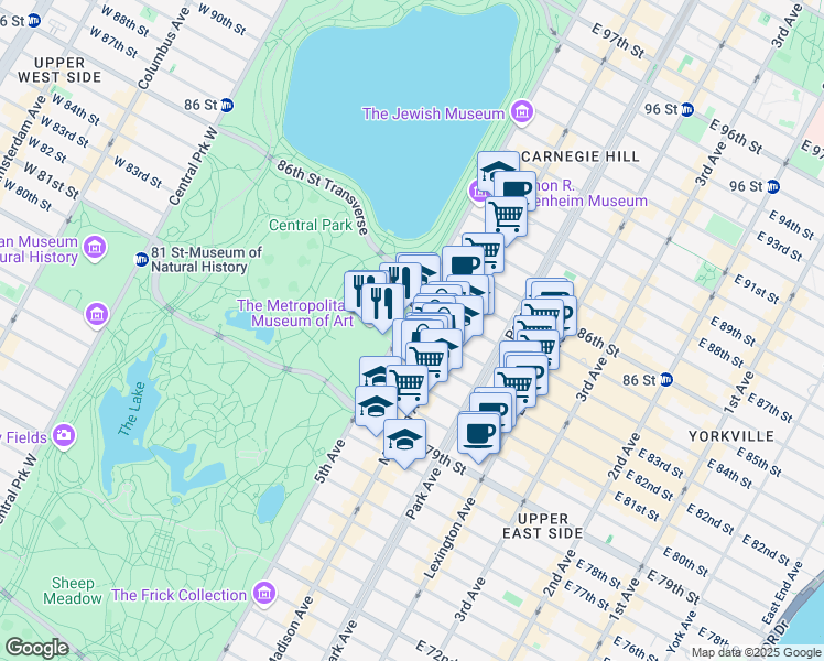 map of restaurants, bars, coffee shops, grocery stores, and more near 4 East 83rd Street in New York