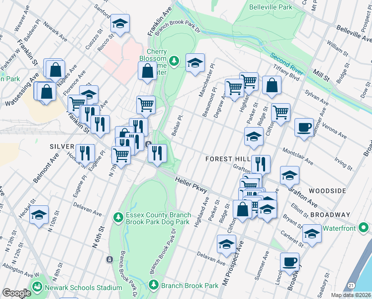 map of restaurants, bars, coffee shops, grocery stores, and more near 84 Forest Hill Parkway in Newark