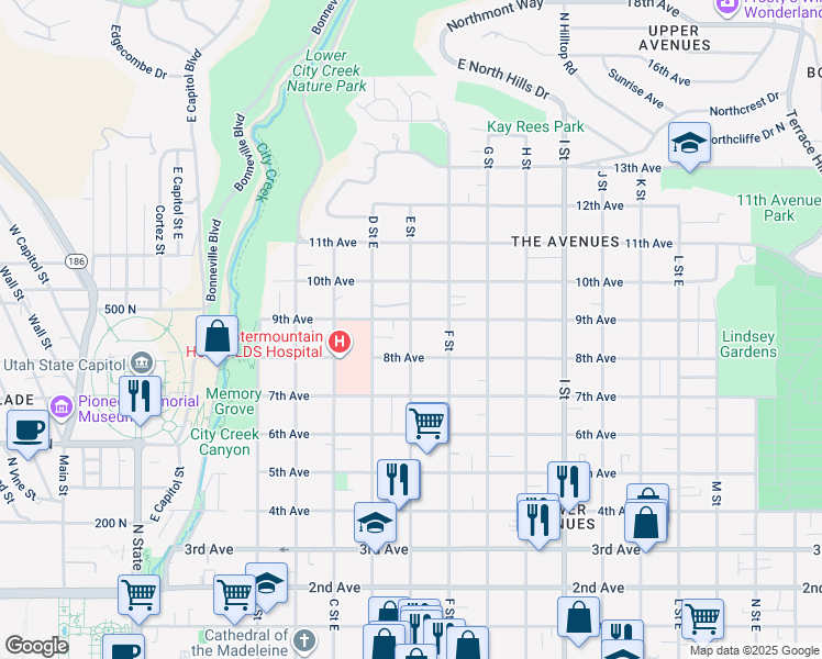 map of restaurants, bars, coffee shops, grocery stores, and more near 435 E Street in Salt Lake City