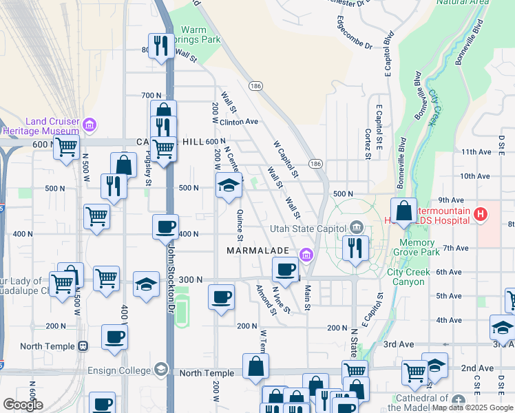 map of restaurants, bars, coffee shops, grocery stores, and more near 438 Center Street West in Salt Lake City