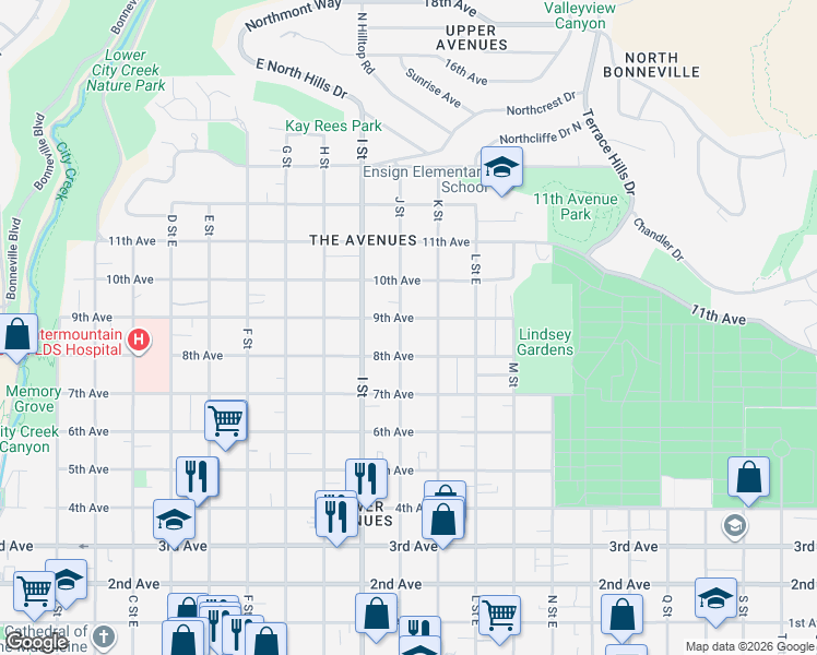 map of restaurants, bars, coffee shops, grocery stores, and more near 424 J Street in Salt Lake City