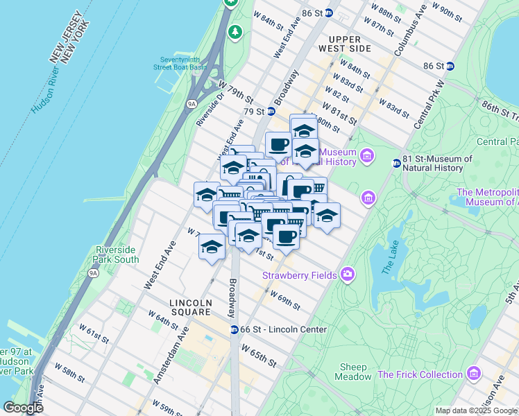 map of restaurants, bars, coffee shops, grocery stores, and more near 155 West 73rd Street in New York