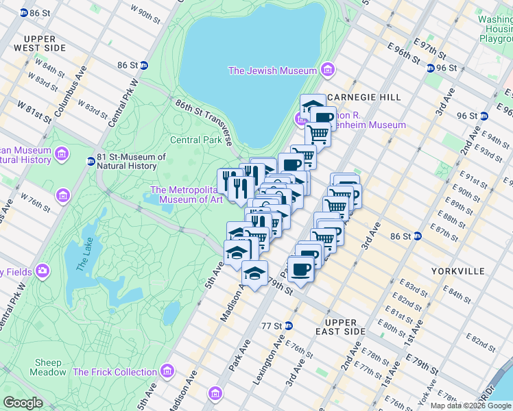 map of restaurants, bars, coffee shops, grocery stores, and more near 1016 5th Avenue in New York
