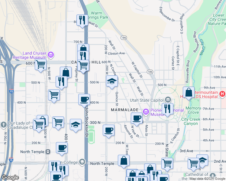 map of restaurants, bars, coffee shops, grocery stores, and more near 420 North 200 West in Salt Lake City