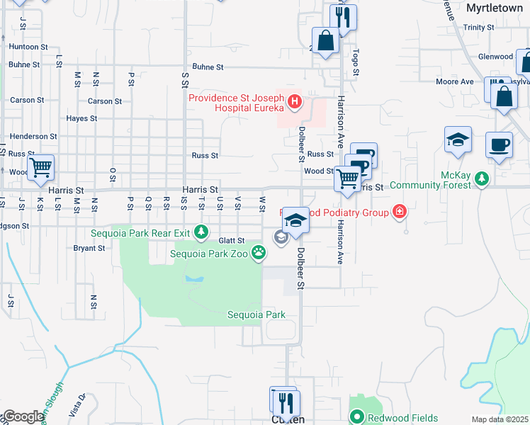 map of restaurants, bars, coffee shops, grocery stores, and more near 3211 W Street in Eureka