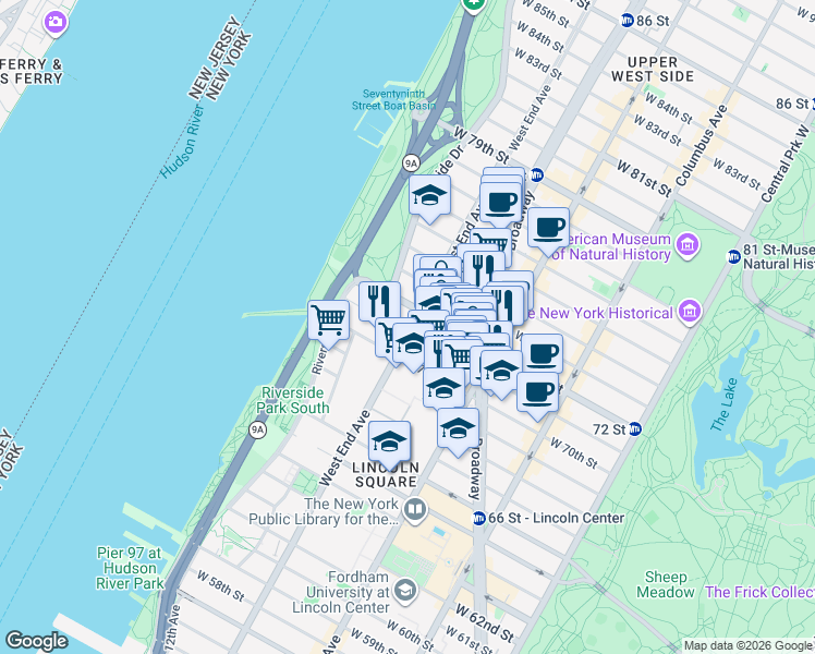 map of restaurants, bars, coffee shops, grocery stores, and more near 243 West End Avenue in New York