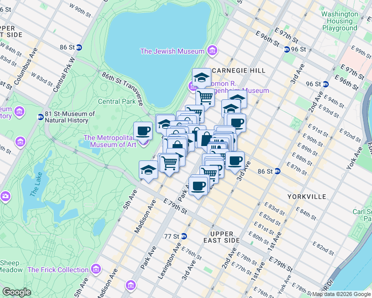 map of restaurants, bars, coffee shops, grocery stores, and more near 40 E 84th St # 1 in New York