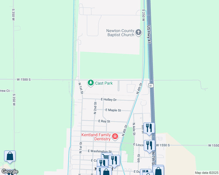 map of restaurants, bars, coffee shops, grocery stores, and more near 2775 W 1500 S in Kentland