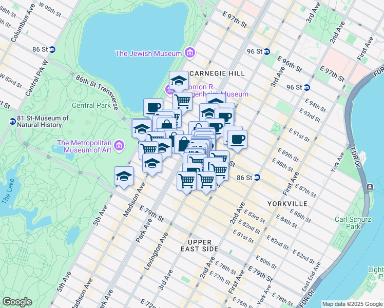 map of restaurants, bars, coffee shops, grocery stores, and more near 107 East 85th Street in New York
