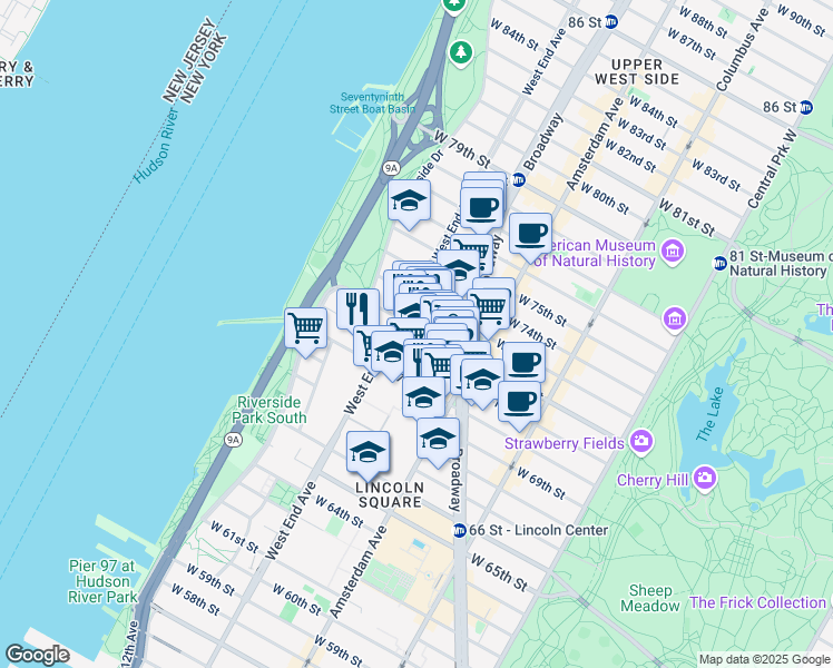 map of restaurants, bars, coffee shops, grocery stores, and more near 254 West 72nd Street in New York