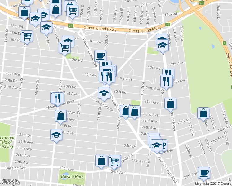 map of restaurants, bars, coffee shops, grocery stores, and more near 160-44 20th Road in Queens