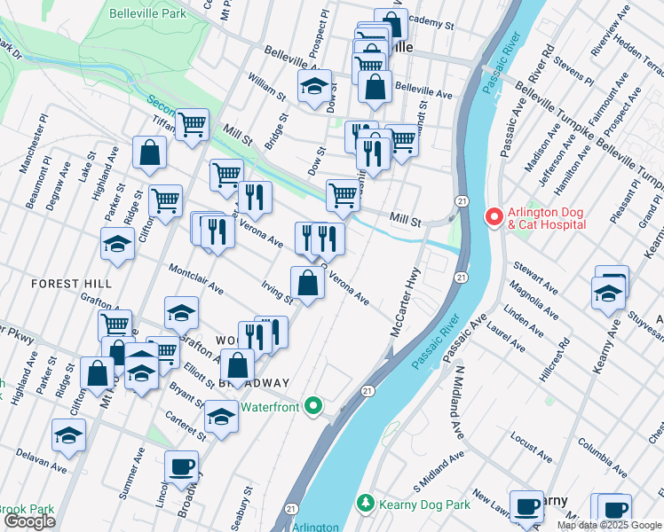 map of restaurants, bars, coffee shops, grocery stores, and more near 65 Verona Avenue in Newark