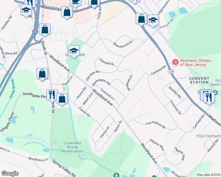 map of restaurants, bars, coffee shops, grocery stores, and more near 20 Bennington Road in Morristown
