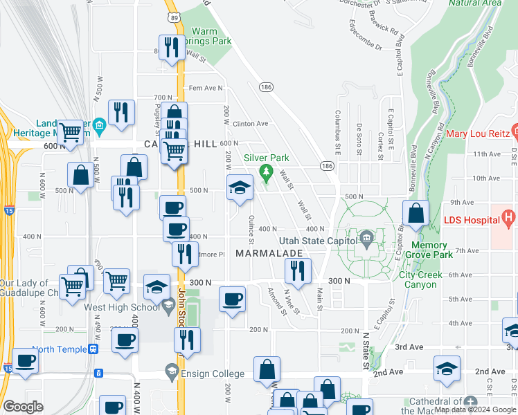 map of restaurants, bars, coffee shops, grocery stores, and more near 439 Center Street in Salt Lake City