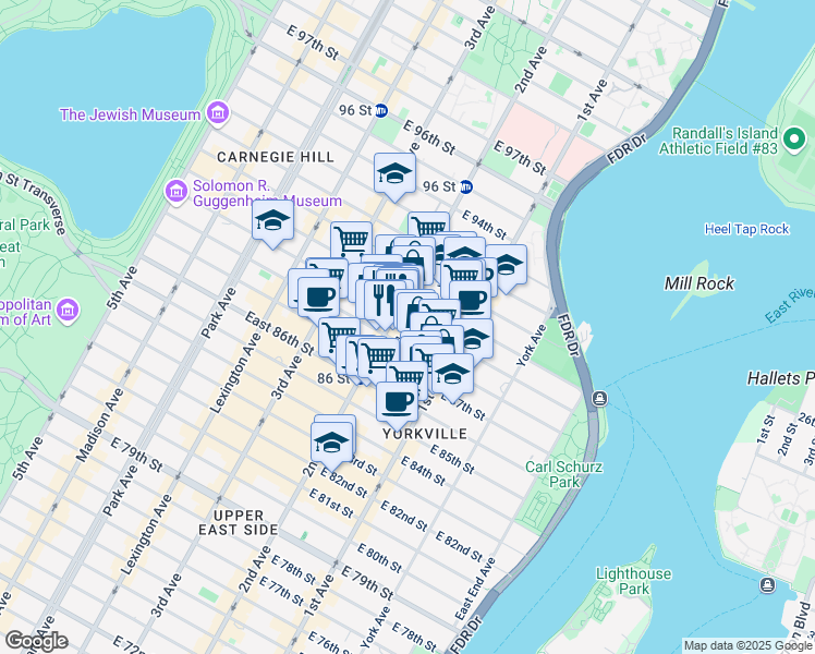 map of restaurants, bars, coffee shops, grocery stores, and more near 304 East 89th Street in New York