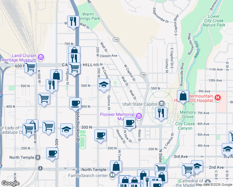 map of restaurants, bars, coffee shops, grocery stores, and more near 424 North Center Street in Salt Lake City
