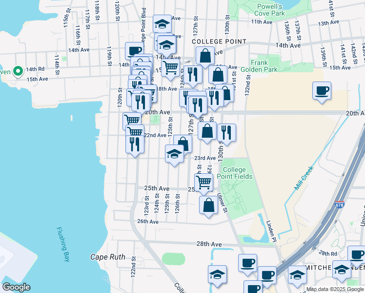map of restaurants, bars, coffee shops, grocery stores, and more near 22-39 126th Street in Queens