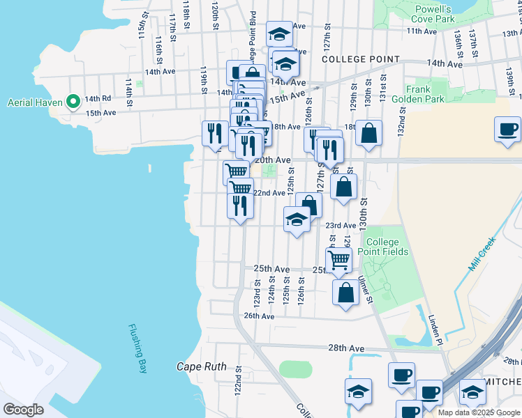 map of restaurants, bars, coffee shops, grocery stores, and more near 123rd Street in Queens