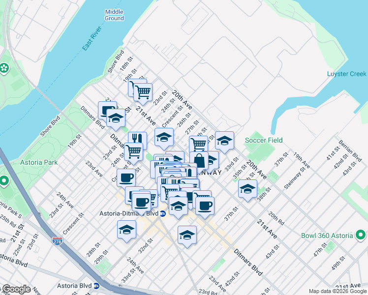 map of restaurants, bars, coffee shops, grocery stores, and more near 21-22 29th Street in Queens