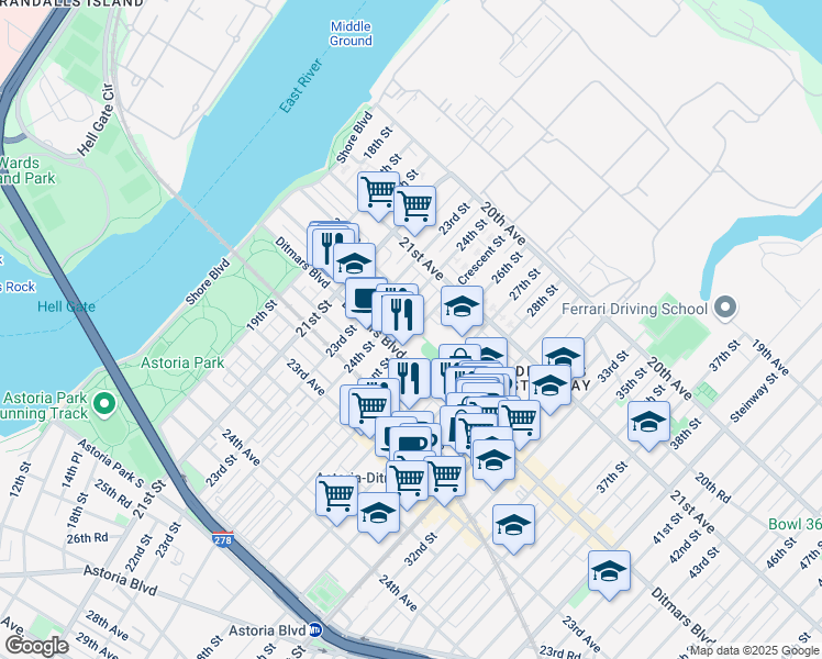 map of restaurants, bars, coffee shops, grocery stores, and more near in Queens