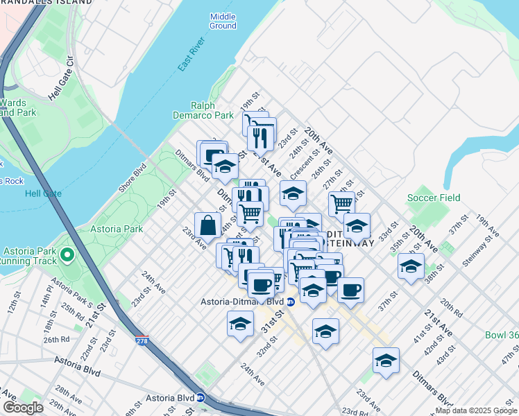 map of restaurants, bars, coffee shops, grocery stores, and more near 24-19 Ditmars Boulevard in Queens