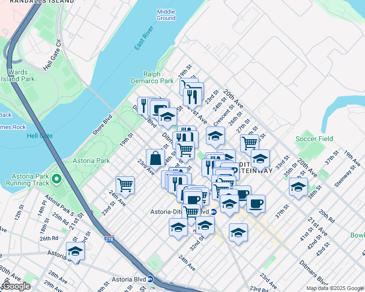 map of restaurants, bars, coffee shops, grocery stores, and more near 22-06 Crescent Street in Queens