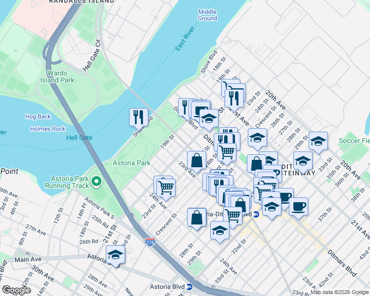 map of restaurants, bars, coffee shops, grocery stores, and more near 22-69 21st Street in Queens
