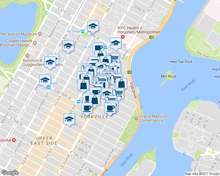 map of restaurants, bars, coffee shops, grocery stores, and more near 402 East 90th Street in New York