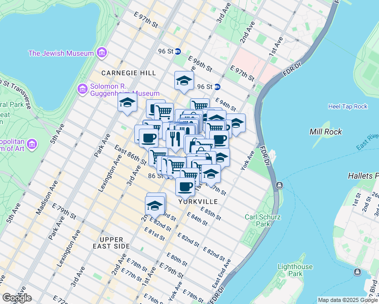 map of restaurants, bars, coffee shops, grocery stores, and more near 311 East 88th Street in New York