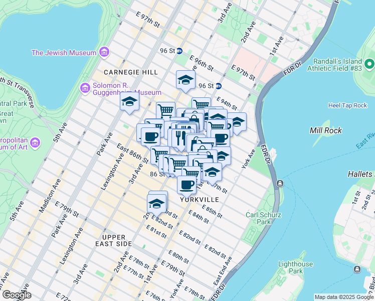 map of restaurants, bars, coffee shops, grocery stores, and more near 311 East 88th Street in New York