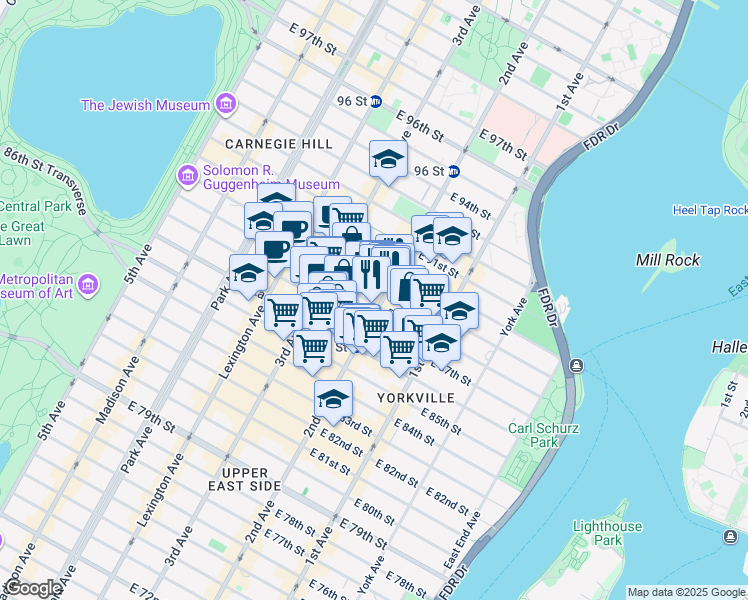 map of restaurants, bars, coffee shops, grocery stores, and more near 260 East 87th Street in New York