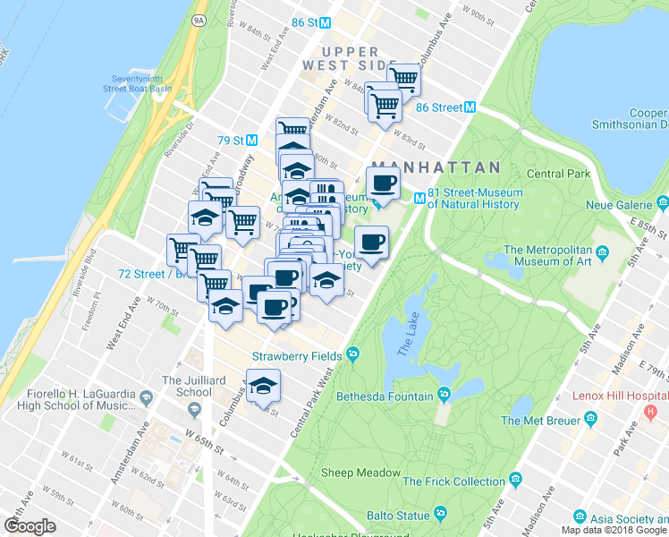 map of restaurants, bars, coffee shops, grocery stores, and more near 22 West 76th Street in New York