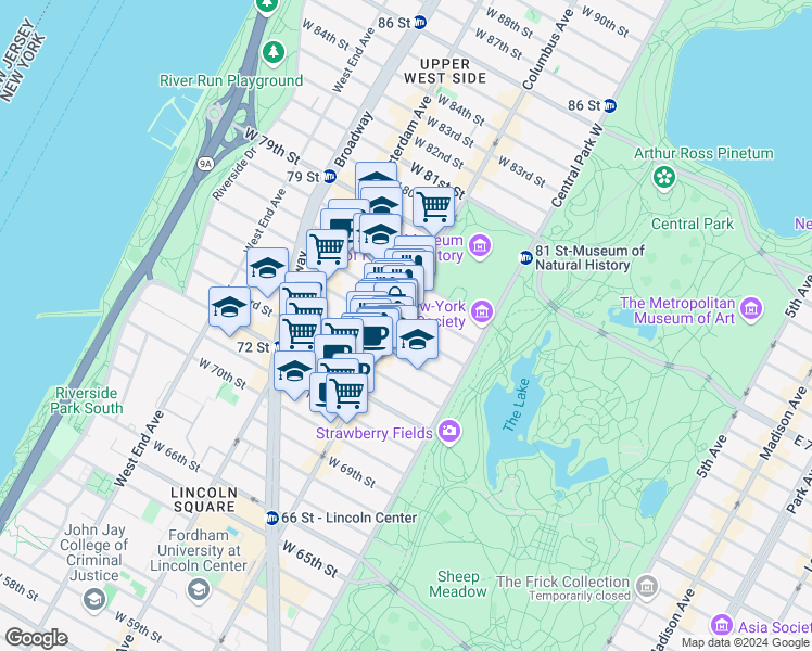 map of restaurants, bars, coffee shops, grocery stores, and more near 58 West 75th Street in New York