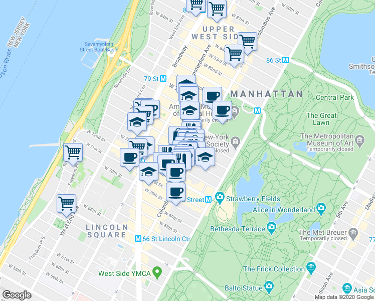 map of restaurants, bars, coffee shops, grocery stores, and more near in New York
