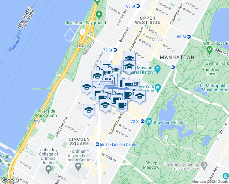 map of restaurants, bars, coffee shops, grocery stores, and more near 155 West 73rd Street in New York