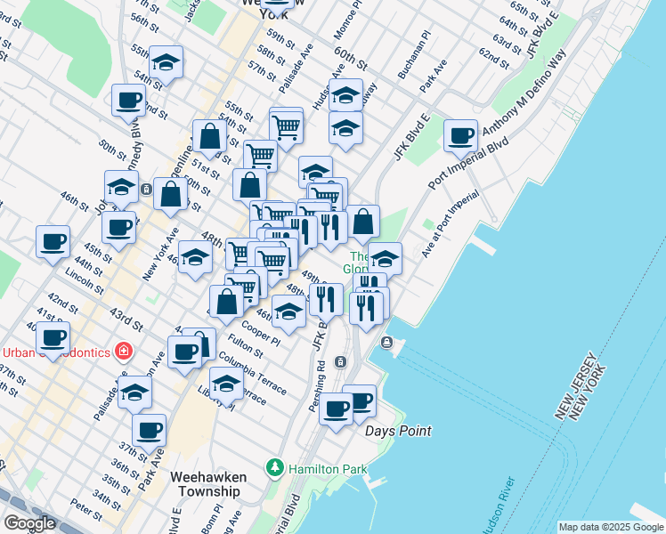 map of restaurants, bars, coffee shops, grocery stores, and more near 3 5 5oth Street in Weehawken