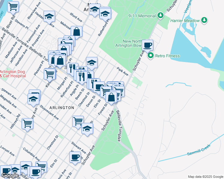 map of restaurants, bars, coffee shops, grocery stores, and more near 18 Elm Street in North Arlington